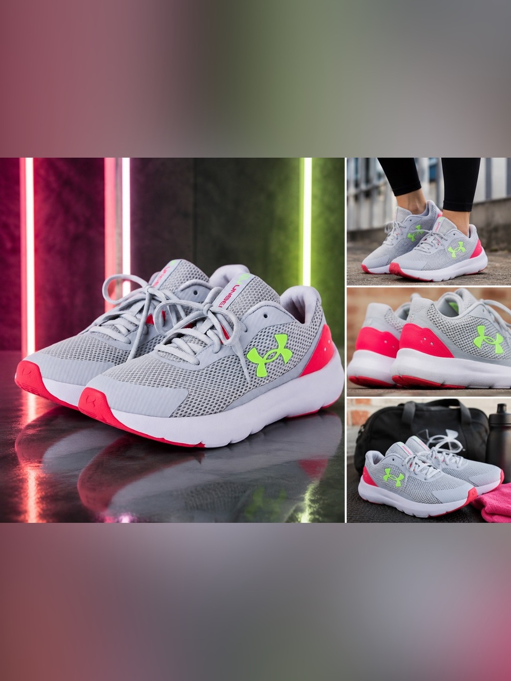 Under Armour Girls Gym Shoes  Light Gray Neon accents Excellent Condition